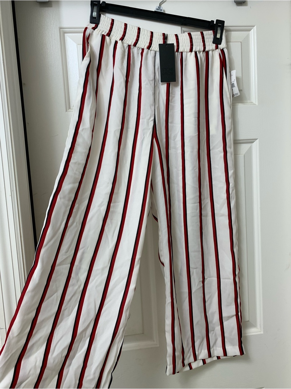 White Wide Straight-Leg Pants with Red & Black Stripes